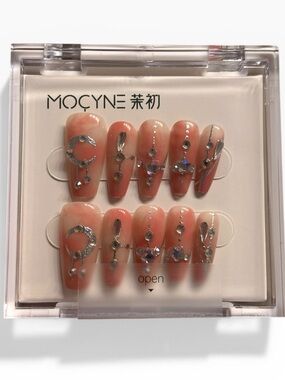 Rhinestone Crystal Accent Peach Marble Moon and Stars Press-On Nail Set